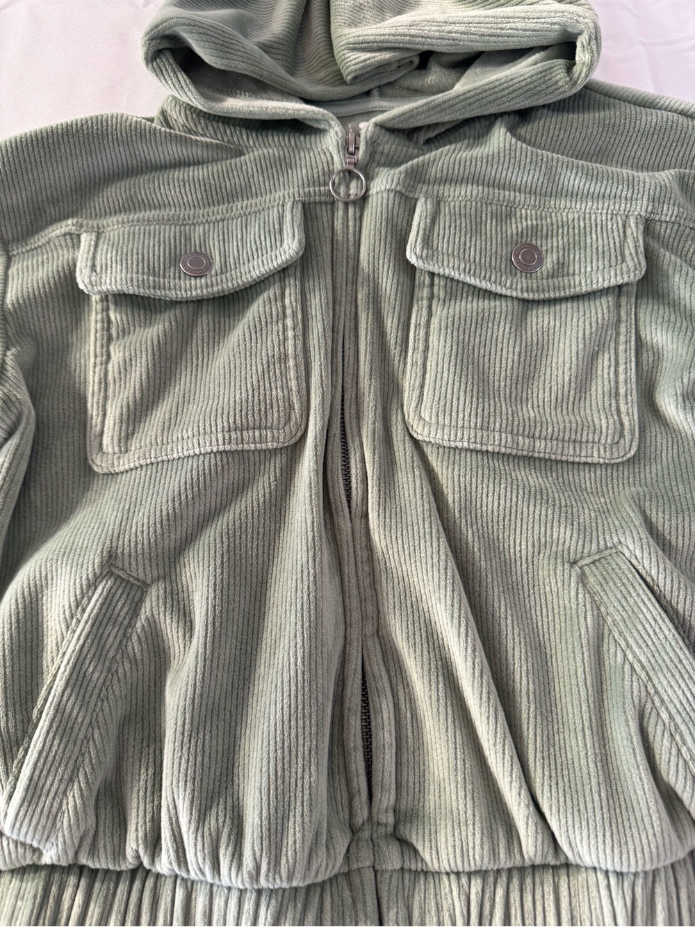 SO Large Kids Sage Green Corduroy Crop Hooded Zip-Up Jacket - Picture 2 of 6